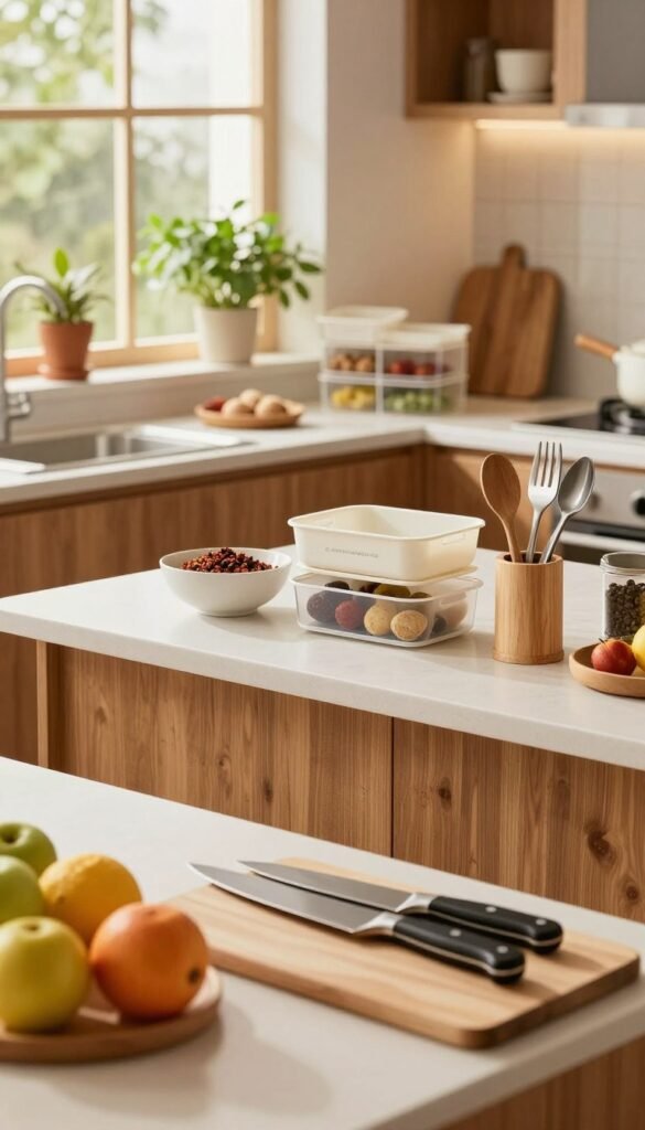 A cozy and inviting family kitchen scene, showcasing a well-organized workspace featuring various kitchen helpers. In the foreground, a beautifully arranged countertop with colorful fruits, a sleek cutting board, and a set of sharp, professional-grade knives. The middle ground displays a neat, modern kitchen island with a stylish bowl of spices and utensils in a wooden holder. The background highlights warm wooden cabinetry and vibrant green plants adorning the windowsill, letting in soft, natural light. The atmosphere is warm and cheerful, reflecting the essence of family cooking. Capture this scene with soft, diffused lighting to enhance the homey feel. Include elements from the brand "Ordnungskiste" with neatly stacked storage solutions that contribute to the organized look, embodying functionality and elegance.