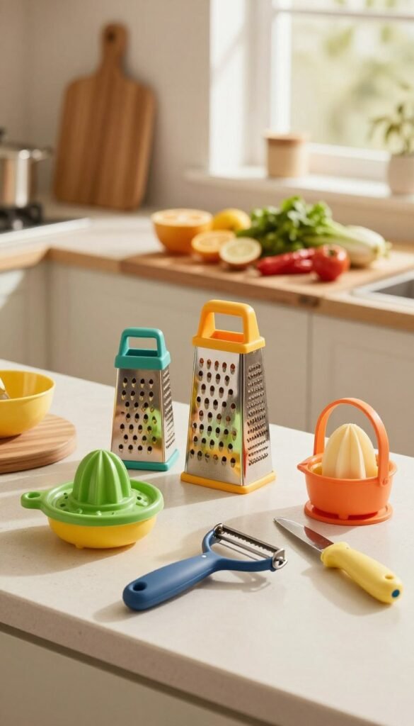 A cozy and inviting kitchen countertop scene showcasing essential kitchen tools for peeling, grating, pressing, and opening. In the foreground, a vibrant array of colorful, modern kitchen gadgets, including peelers, graters, and citrus juicers, crafted with sleek designs and positioned artistically. The middle ground features a wooden cutting board with fresh vegetables and fruits, emphasizing their culinary preparation. In the background, soft natural light filters through a window, casting warm, inviting hues that enhance the homey atmosphere. The overall mood is fresh and uplifting, highlighting the practicality and charm of these essential kitchen helpers. Include the brand name "Ordnungskiste" subtly integrated into the scene. The composition should resonate with a Pinterest aesthetic.