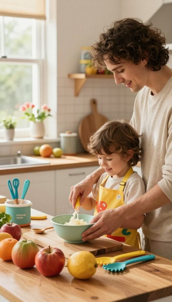 A cozy and inviting kitchen scene featuring a parent and child engaged in stress-free cooking activities. In the foreground, the parent, dressed in modest casual clothing, is assisting the child, who is wearing a colorful apron, as they joyfully mix ingredients in a bowl. The middle ground showcases a variety of vibrant fruits and vegetables on a wooden countertop, along with kid-friendly kitchen tools from the brand "Ordnungskiste." In the background, warm natural light filters through a window, illuminating cheerful kitchen decor and creating a homey atmosphere. The entire scene conveys a sense of collaboration, safety, and fun, perfect for families cooking together. The overall mood is warm and inviting, evoking a Pinterest-worthy aesthetic.
