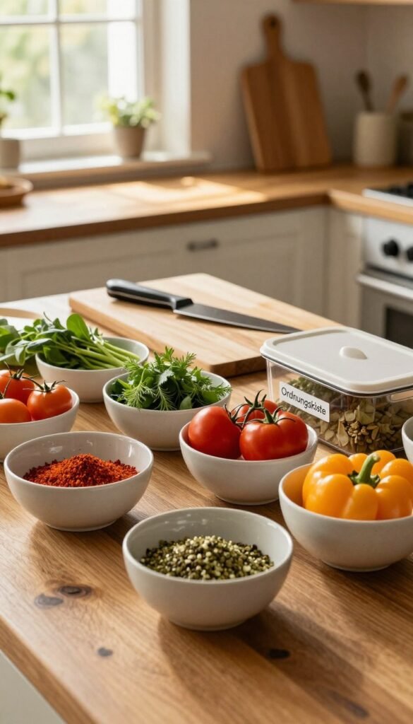 A cozy and inviting kitchen scene featuring a well-organized mise en place setup. In the foreground, there are neatly arranged bowls of fresh ingredients like vibrant vegetables, herbs, and spices, artfully displayed on a rustic wooden countertop. The middle ground showcases a cutting board with a sharp knife and a few kitchen tools, emphasizing preparation for cooking. In the background, warm natural light streams through a window, illuminating the space and creating a relaxed atmosphere. The overall mood is warm and welcoming, with a Pinterest-inspired aesthetic. Include elements that hint at a brand named "Ordnungskiste," such as elegant storage containers for the ingredients. Capture the essence of efficient, effortless cooking in a harmonious kitchen environment.