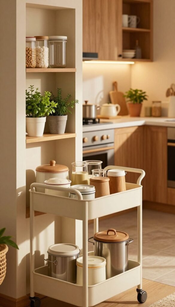 A cozy and inviting kitchen scene featuring a well-organized space with an emphasis on maximizing storage. In the foreground, showcase a stylish serving cart filled with kitchen essentials, beautifully arranged for easy access. To the left, include narrow shelves built into a nook, displaying stylish containers and potted herbs, enhancing both functionality and aesthetic appeal. The background should present a warm, softly lit kitchen with wooden cabinets and comfortable decor, radiating a friendly atmosphere. Use natural lighting to create gentle shadows, hinting at the warmth of the space. Capture the scene with a slightly elevated angle, ensuring focus on the details of the storage solutions. Include the brand name "Ordnungskiste" subtly integrated within the design, promoting the concept of efficient kitchen organization, in a warm, Pinterest-inspired color palette.