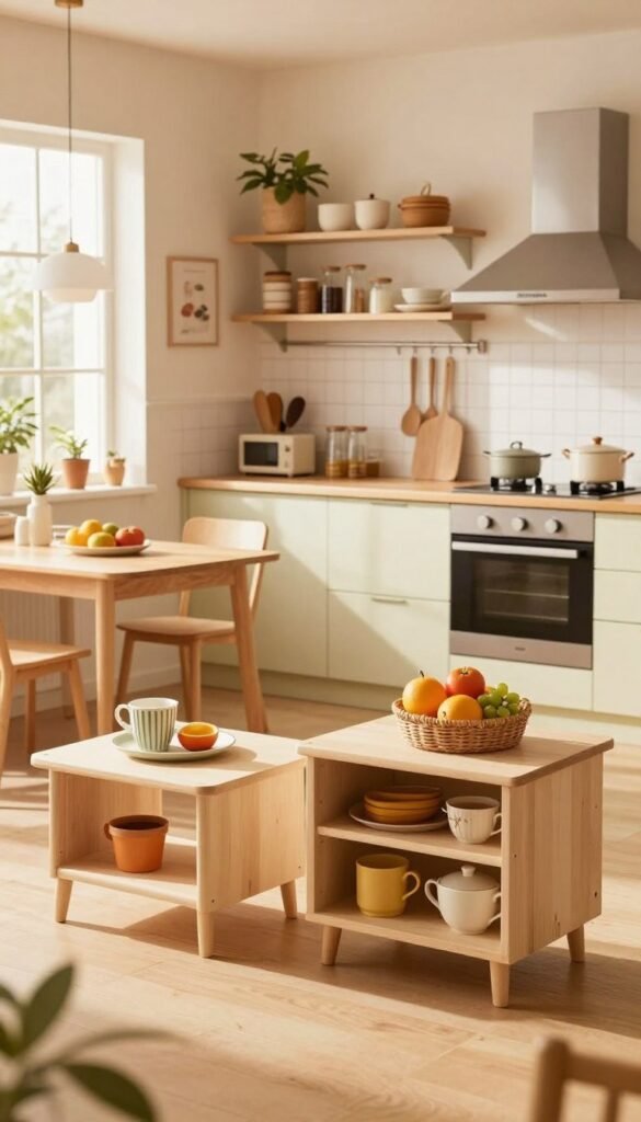A cozy and inviting kitchen scene showcasing budget-friendly kitchen solutions. In the foreground, display three distinct kitchen setups: a low-budget DIY space with minimalistic furniture and vibrant decor; a mid-budget kitchen featuring stylish cabinetry and trendy appliances; and a high-budget gourmet kitchen equipped with modern fixtures and elegant accents. In the middle ground, include an aesthetically pleasing dining area illuminated by warm, natural light filtering through a window. The background should feature shelves lined with organized kitchen essentials, proudly displaying the brand name "Ordnungskiste." The overall mood should be welcoming and inspiring, with soft, warm colors reminiscent of Pinterest aesthetics, emphasizing a clutter-free environment without any text or distractions.