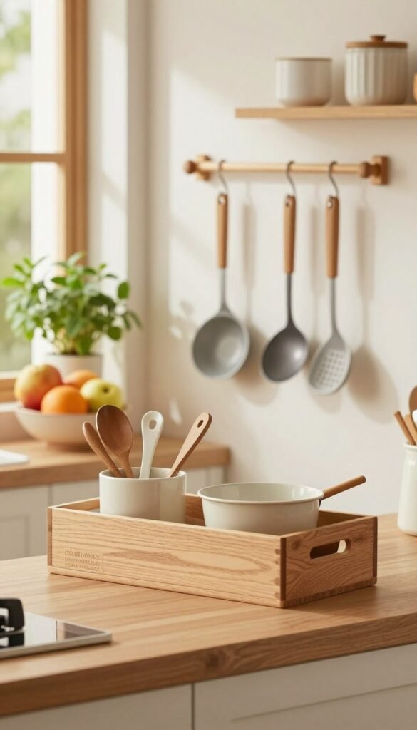 A cozy and inviting kitchen scene showcasing multifunctional kitchen helpers designed to save space. In the foreground, a beautifully organized kitchen counter features sleek, modern utensils and gadgets arranged neatly in a stylish Ordnungskiste, crafted from natural wood. The middle ground highlights a wall-mounted rack holding various kitchen tools within arm's reach, emphasizing efficiency and accessibility. In the background, warm, natural lighting filters through a window, illuminating fresh herbs on the windowsill and a vibrant fruit bowl, creating a homey atmosphere. The overall mood is one of tranquility and order, inviting the viewer to imagine a clutter-free cooking experience, with a Pinterest-inspired aesthetic and a palette of soft earth tones.