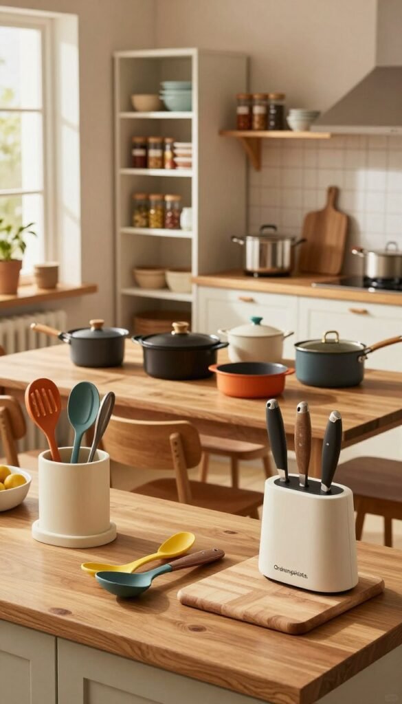 A cozy and inviting kitchen scene showcasing various practical kitchen tools and gadgets from the brand "Ordnungskiste." In the foreground, a beautifully arranged countertop is adorned with colorful utensils, cutting boards, and a stylish knife set. In the middle, a wooden dining table gleams under soft, warm lighting, with a selection of pots and pans neatly displayed, highlighting affordable, mid-range, and high-end options. In the background, a well-organized pantry and open shelving reveal neatly arranged spice jars and kitchenware, contributing to a Pinterest-worthy aesthetic. The atmosphere is warm and homely, with natural light streaming in through a window, casting gentle shadows that add depth and texture to the scene.