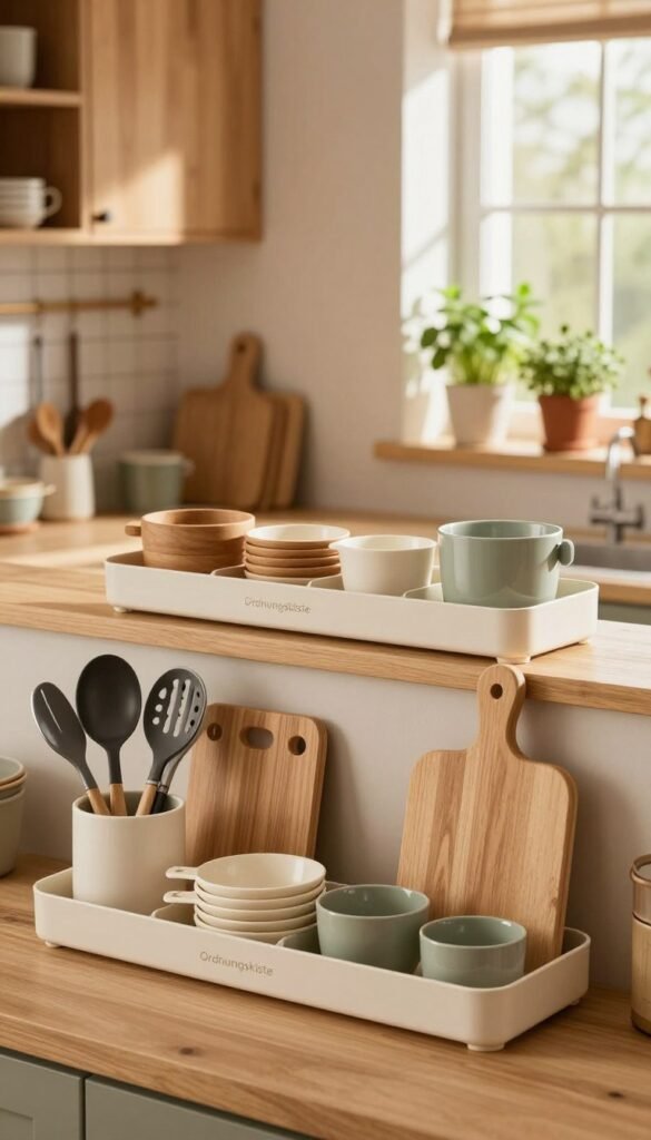 A cozy and inviting kitchen scene that emphasizes practical kitchen tools and organizers. In the foreground, display a beautifully arranged assortment of kitchen helpers, such as utensils, measuring cups, and cutting boards, all branded with "Ordnungskiste". The middle layer features stylish, space-efficient storage solutions, showcasing a blend of wood and modern materials, while ensuring easy accessibility. In the background, capture warm, natural lighting that filters through a window, illuminating a homey kitchen atmosphere with wooden cabinets and potted herbs on the windowsill. The overall mood is warm and family-friendly, depicting a sense of organization and comfort suitable for a relaxed family environment, with no text or distractions in the image.