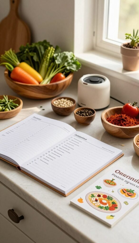 A cozy and inviting kitchen scene that showcases a well-organized kitchen workspace. In the foreground, an elegant kitchen counter topped with neatly arranged weekly planners, shopping lists, and beautifully presented recipe cards featuring colorful illustrations of various dishes. The middle ground features a variety of fresh ingredients in beautiful wooden bowls&mdash;vibrant vegetables, herbs, and spices&mdash;alongside a stylish and functional product from "Ordnungskiste" for storing kitchen essentials. The background highlights soft, warm lighting that emanates from a window, casting gentle shadows and creating a serene atmosphere. Capture this image with a slight overhead angle to showcase the layout, while maintaining a natural and authentic Pinterest-inspired aesthetic without any text or watermarks.