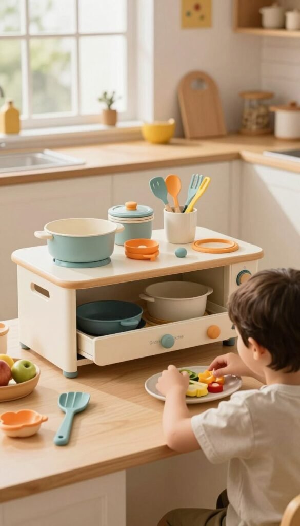 A cozy and inviting kitchen setup designed for children to assist in cooking, featuring ergonomically designed work surfaces at kid-friendly heights. In the foreground, a child wearing modest casual clothing, happily reaching for ingredients on a lower countertop, with colorful kitchen utensils scattered around. The middle ground showcases an array of child-accessible cooking tools, neatly organized in the stylish "Ordnungskiste," enhancing the kitchen's functionality. The background captures warm, natural lighting streaming in through a window, illuminating soft wooden cabinets and vibrant decor that emphasizes a playful yet safe atmosphere. The overall mood is cheerful and nurturing, emphasizing a family-oriented cooking experience without any text or distractions.