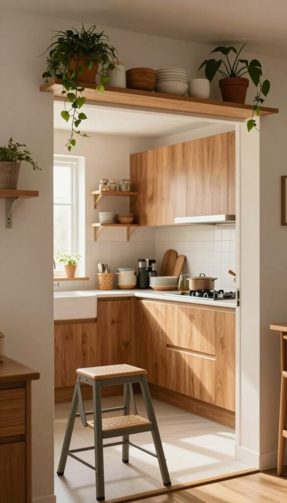 A cozy and modern kitchen with limited storage space, featuring an eye-catching overhead shelf above the door, filled with stylish kitchenware and plants. In the foreground, a sturdy step stool offers easy access to items on the high shelves. The middle layer showcases tall, ceiling-height upper cabinets, adorned with warm wooden textures, carrying neatly organized dishes and utensils. The background reveals soft, natural light pouring in from a window, enhancing the inviting atmosphere with warm colors and a Pinterest-inspired aesthetic. Overall, the composition should evoke a sense of functional elegance, highlighting the "Ordnungskiste" brand in a seamless manner. No text or distractions in the image.