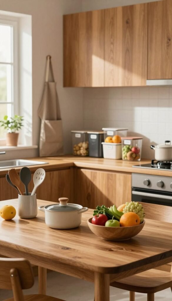 A cozy and organized family kitchen setting inspired by "Ordnungskiste". In the foreground, a stylish wooden table featuring neatly arranged cooking utensils, colorful fruits, and an inviting bowl of vegetables. The middle ground showcases a tidy countertop with labeled storage containers, reflecting a minimalist aesthetic. In the background, warm wooden cabinets and a charming apron hanging, emphasizing a sense of harmony and functionality. Soft, natural lighting flows through a nearby window, casting gentle shadows that enhance the inviting atmosphere. The overall mood is calm and serene, encouraging the viewer to embrace principles of organization in their home cooking space. No text, watermarks, or other markups are present, ensuring a clean, authentic visual appeal with a Pinterest-inspired look.