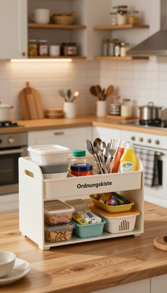 A cozy and organized family kitchen, showcasing an "Ordnungskiste" at the forefront, filled with neatly arranged small items and packaging waste like food containers, utensils, and cleaning supplies. In the background, there is a softly lit countertop and shelves adorned with pantry items, creating a sense of order and cleanliness. Warm, natural lighting bathes the scene, enhancing the earthy tones of the wooden kitchen elements. The image captures a serene atmosphere, inviting viewers to feel the relief of organization. A wide-angle perspective emphasizes the kitchen's orderly layout while keeping focus on the "Ordnungskiste" as the centerpiece, embodying a practical solution for clutter management.