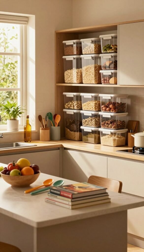 A cozy and organized family kitchen showcasing modern storage solutions by "Ordnungskiste". In the foreground, a beautifully arranged kitchen island with neatly stacked cookbooks, colorful utensils, and a bowl of fresh fruit. In the middle, ample cabinetry featuring transparent storage containers filled with grains and spices, enhancing the sense of order. The background reveals a warm, sunlit window with green plants basking in the glow, adding a natural touch to the ambiance. Use soft, warm lighting to create a welcoming atmosphere, with a focus on a modern aesthetic, inviting yet functional. The angle should capture the kitchen's depth, highlighting the systematic arrangement without any captions or text overlays. Aim for a Pinterest-inspired look, emphasizing authenticity and warmth.