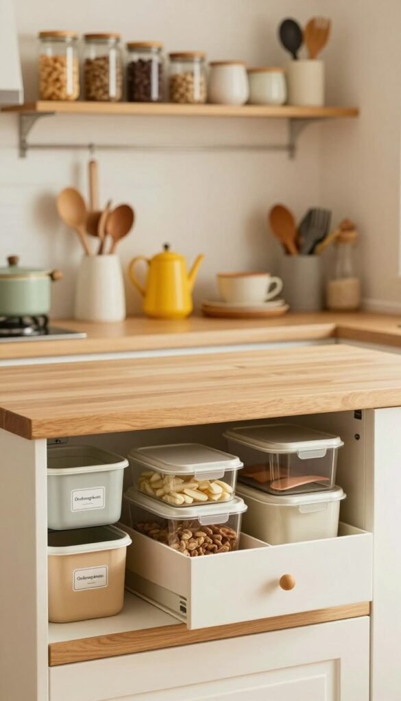A cozy and organized family kitchen workspace, emphasizing a clutter-free countertop. The foreground features neatly arranged storage containers, stylish stackable boxes, and an efficient cabinet organization system branded with "Ordnungskiste." In the middle ground, there are warm-colored wooden surfaces and vibrant kitchen accessories, creating an inviting atmosphere. The background showcases softly blurred kitchen shelves filled with neatly labeled jars and elegant utensils, bathed in gentle, natural light to enhance the warm color palette. The overall mood is peaceful and functional, embodying a Pinterest-inspired look of a well-ordered kitchen. The scene is free of any text or additional elements, focusing solely on the beauty of a tidy workspace.