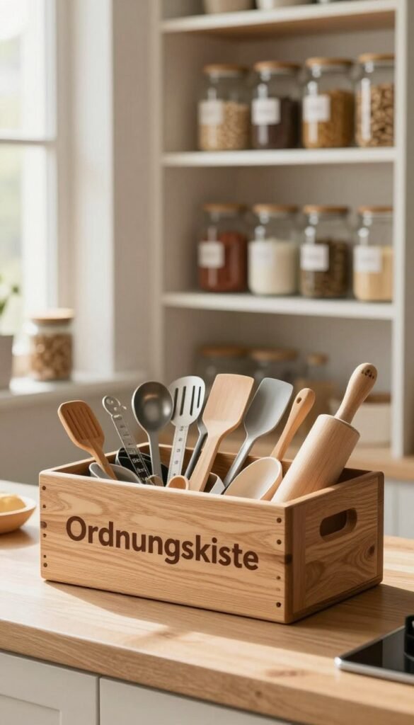 A cozy and organized kitchen interior featuring a beautifully designed "Ordnungskiste" baking box in the foreground. The box is crafted from natural wood, with a smooth finish and a rustic charm, filled with various baking tools such as measuring cups, spatulas, and rolling pins. In the middle ground, a well-stocked pantry with neatly labeled jars of ingredients is visible, showcasing a harmonious blend of functionality and aesthetics. The background features soft sunlight streaming through a window, casting warm, inviting light across the scene. The overall atmosphere is one of tranquility and organization, emphasizing the benefits of having rarely used baking equipment neatly stored away. The composition focuses on warmth and practicality, evoking a sense of calm in a family kitchen setting.