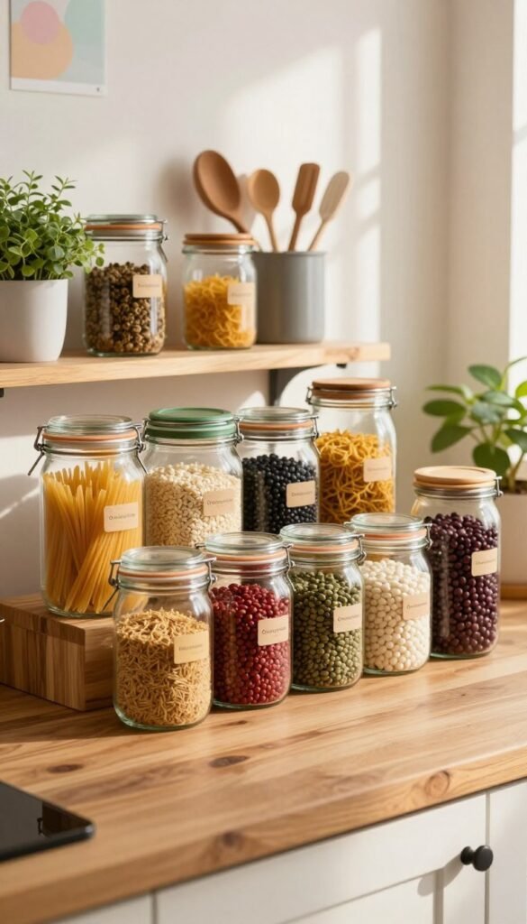 A cozy and organized kitchen scene showcasing a variety of glass jars filled with colorful dry goods like pasta, beans, and spices. In the foreground, elegantly labeled jars are arranged on a clean, rustic wooden countertop. The middle ground features a neatly organized shelf with additional jars and kitchen tools, all bathed in warm, natural light filtering through a window. The background reveals a glimpse of a calming kitchen environment, with potted herbs and soft pastel decorations, creating a Pinterest-inspired aesthetic. The overall mood is inviting and functional, emphasizing the theme of efficient storage and quick cooking. Make sure to include the brand name "Ordnungskiste" subtly on one of the jars, without any text overlays or distractions.