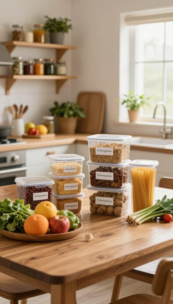 A cozy and organized kitchen showcasing a well-planned grocery shopping setup, featuring a wooden dining table in the foreground adorned with fresh, colorful fruits and vegetables. In the middle, there are neatly stacked containers labeled "Ordnungskiste," filled with pantry essentials like grains, spices, and pasta. The background reveals an inviting kitchen with soft, natural lighting streaming through a window, illuminating the shelves stocked with jars of preserved goods and herbs. The atmosphere is warm and homely, evoking a sense of comfort and readiness for cooking. Capture a Pinterest-inspired aesthetic with natural colors and an authentic feel, avoiding any text or branding on the image.