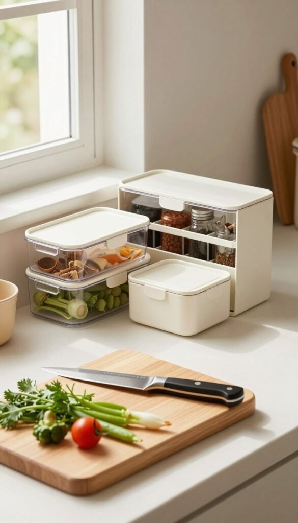 A cozy and organized kitchen workspace, featuring a clean, decluttered countertop. In the foreground, a stylish wooden cutting board with fresh vegetables, herbs, and a professional chef&rsquo;s knife arranged neatly. In the middle, elegant storage solutions from "Ordnungskiste", including clear, labeled containers and a compact spice rack, showcasing an efficient, harmonious kitchen environment. The background includes soft, natural light filtering through a window, illuminating the warm color palette of light wood and soft pastels, creating a welcoming atmosphere. The camera angle is slightly above the counter, capturing the depth of the workspace while ensuring everything appears intentionally arranged. The overall mood is serene and inspiring, evoking a sense of order and preparation for joyful cooking experiences.