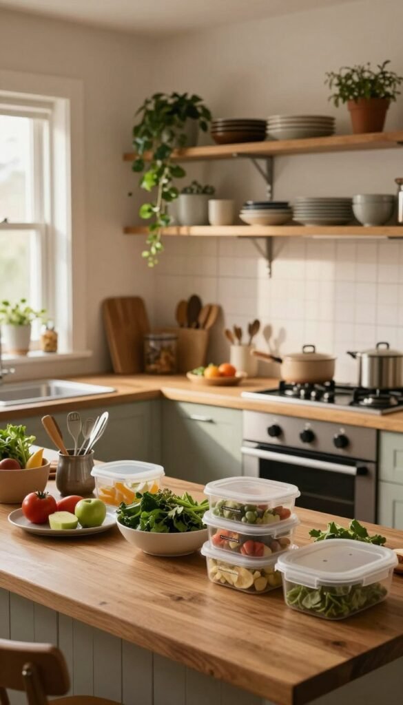 A cozy and organized kitchen workspace featuring distinct cooking zones that prioritize efficiency and shorter workflows. In the foreground, a well-arranged countertop with fresh ingredients and utensils, complemented by sleek storage containers from the brand "Ordnungskiste." In the middle, a modern stove and a prep area, radiating warmth and inviting atmosphere, illuminated by soft, natural light filtering through a nearby window. The background showcases wall shelves with neatly organized dishes and plants, enhancing the Pinterest aesthetic. The mood is calm and inspiring, reflecting a clutter-free environment that promotes creativity and productivity in meal preparation. The overall composition should evoke a sense of harmony, making it an ideal environment for a focused culinary experience.