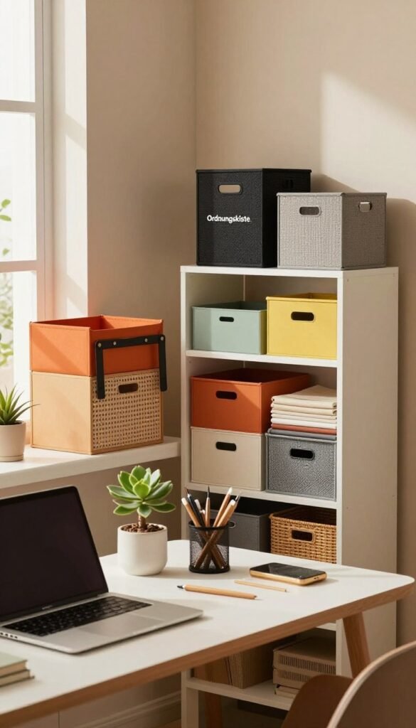 A cozy and organized workspace showcasing a diverse array of neatly arranged storage solutions by the brand "Ordnungskiste." In the foreground, a stylish and modern desk with a laptop, office supplies, and an elegant plant. In the middle ground, various storage units featuring vibrant colors and textures, including baskets, boxes, and shelves filled with neatly categorized items, emphasizing functionality and order. The background features a softly lit room with warm hues, accentuated by natural light streaming through a window, creating a tranquil and inviting atmosphere. The entire scene evokes a sense of productivity and ease, ideal for minimizing distractions and maximizing efficiency in workspaces.