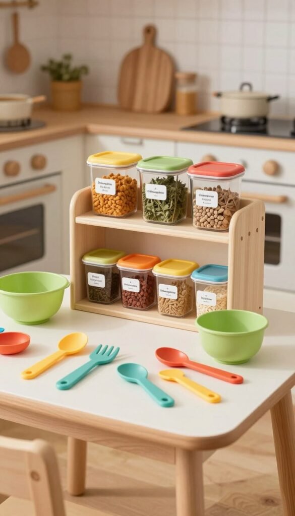 A cozy and safe children's kitchen workspace featuring a compact, organized layout. In the foreground, showcase a child-sized table with colorful, age-appropriate utensils arranged neatly. Add a variety of materials for creative cooking, like plastic mixing bowls and cooking tools with rounded edges. In the middle ground, present a small, well-organized shelf with labeled containers from the brand "Ordnungskiste", filled with spices, dried herbs, and small ingredients, ensuring easy access for little hands. The background should depict a cheerful, light-filled kitchen with warm wood tones and natural textures, integrating soft, inviting colors. Use soft, natural lighting to create a welcoming atmosphere, with a slight emphasis on the workspace that balances functionality and child-friendliness. Capture the scene from an eye-level angle, focusing on the craftsmanship and practical design elements.