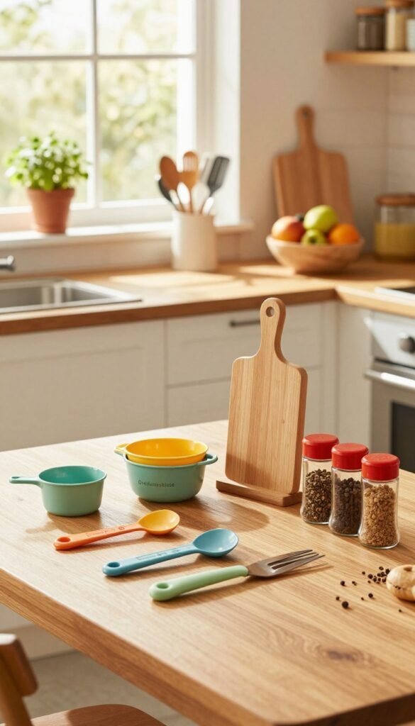 A cozy and well-organized kitchen space featuring a wooden table adorned with colorful kitchen helpers from the brand "Ordnungskiste". In the foreground, a vibrant assortment of kitchen gadgets such as measuring cups, cutting boards, and spice jars are neatly arranged, showcasing their practical uses. The middle ground reveals an elegant kitchen with neatly arranged utensils and a bowl of fresh fruits, highlighting the functionality of the space. In the background, warm sunlight streams through a window, creating a welcoming atmosphere with soft shadows and a touch of greenery from potted herbs on the windowsill. The overall mood is warm and inviting, evoking a sense of home and family life, filled with practicality and cheer. The image should embody a Pinterest aesthetic with natural colors and no text or watermarks.