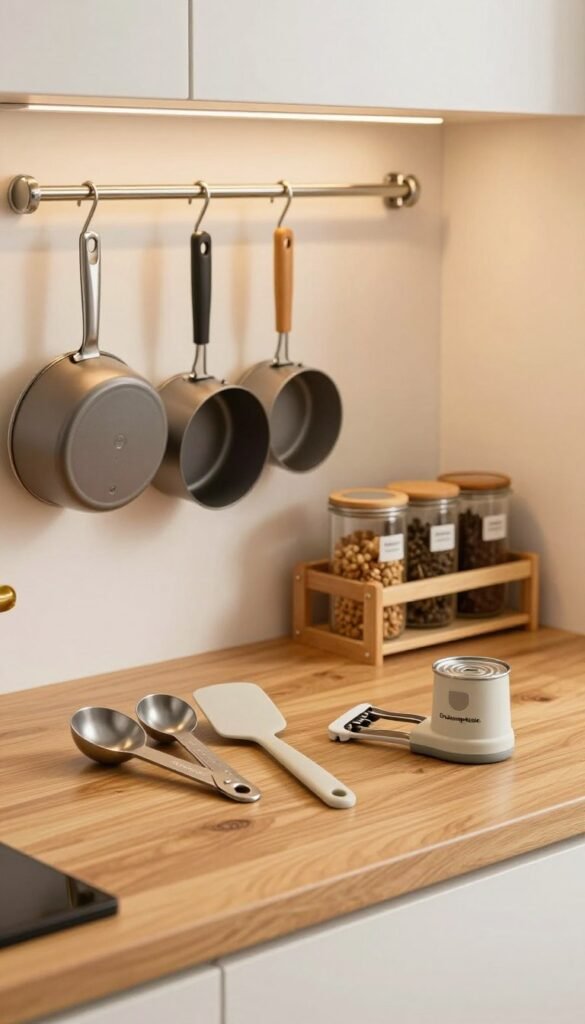 A cozy and well-organized small kitchen featuring essential kitchen helpers designed for compact living. In the foreground, a stylish wooden countertop displays a few key tools like a set of measuring spoons, a compact silicone spatula, and a multi-functional can opener, all from the brand "Ordnungskiste." In the middle ground, a neat arrangement of hanging pots and a spice rack with labeled jars adds a functional touch. The background showcases a softly lit kitchen scene with warm, natural colors, emphasizing a peaceful atmosphere. The lighting is soft and inviting, capturing the essence of a well-kept yet practical space. The composition conveys warmth and the idea of maximizing small spaces without clutter.