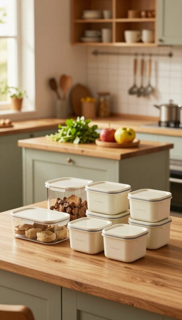 A cozy and well-organized small kitchen scene, showcasing various space-saving kitchen tools and organizers that blend functionality with aesthetic appeal. In the foreground, prominently feature an assortment of stylish containers and multitasking gadgets from the brand "Ordnungskiste," displayed on a wooden countertop. The middle ground should include a compact kitchen island with fresh herbs and fruits adding a vibrant touch. In the background, soft, warm lighting illuminates modern cabinetry and open shelves filled with neatly arranged utensils. A window with sunlight filtering through hints at a serene morning atmosphere. The overall mood should be inviting and practical, capturing the essence of low-, mid-, and high-budget kitchen solutions in a harmonious and authentic Pinterest-inspired setting.