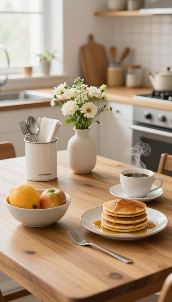A cozy breakfast scene captured in warm, inviting colors, featuring a neatly arranged wooden table. In the foreground, a bowl of fresh fruit, a stack of pancakes with syrup, and a steaming cup of coffee. To the side, a stylishly branded "Ordnungskiste" container neatly holding cutlery and napkins. In the middle ground, you can see a simple, elegant vase with flowers adding a touch of nature. The background includes a bright kitchen with soft, natural light streaming through a window, showcasing an organized kitchen setup, promoting a Pinterest-inspired aesthetic. The overall mood is relaxed and practical, embodying effortless mornings in a family kitchen. No text or distractions in the image.