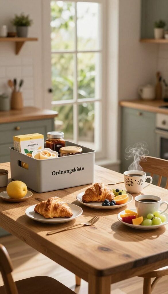 A cozy breakfast scene set in a modern family kitchen with a focus on stress-free routines. In the foreground, a rustic wooden table is adorned with a beautifully arranged breakfast spread, including freshly baked croissants, colorful fruit, and steaming coffee in elegant mugs. To the left, a stylishly organized storage box labeled "Ordnungskiste" holds various breakfast items, emphasizing practicality. In the middle, sunlight streams through large windows, casting a warm glow on the scene and highlighting the inviting ambiance. In the background, soft greenery is visible through the windows, adding a touch of nature. The atmosphere is calm and serene, evoking a sense of relaxation and joy. Capture this image from a slightly elevated angle to enhance the inviting layout.