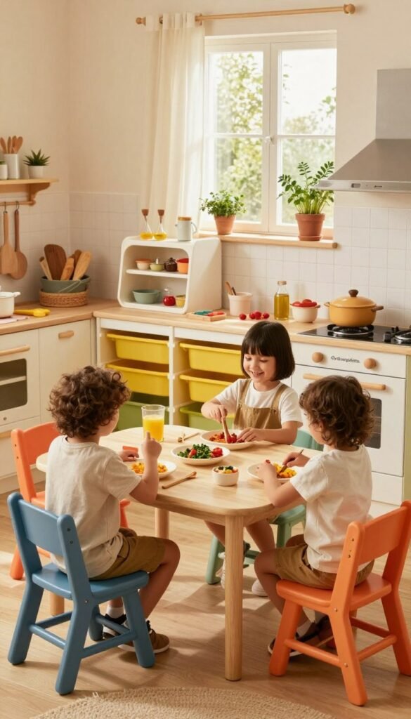 A cozy, child-friendly kitchen designed for safety and practicality, featuring a wooden table with colorful, child-sized chairs surrounded by playful kitchen accessories. In the foreground, children dressed in modest casual clothing are engaged in cooking activities, smiling and sharing a joyful moment. The middle ground displays bright and organized storage solutions from "Ordnungskiste," showcasing safe, accessible areas for children to explore ingredients. Warm, natural lighting illuminates the space, creating an inviting atmosphere. The background features a charming window with soft curtains, allowing sunlight to filter in, and a few potted herbs on the windowsill, adding a touch of nature. The overall mood is one of warmth, creativity, and safety, embodying the essence of a family kitchen where children can thrive.