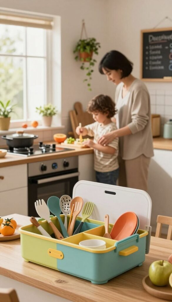 A cozy, child-friendly kitchen designed for safety, featuring a modern stove with protective barriers. In the foreground, a colorful, well-organized Ordnungskiste filled with cooking utensils, ensuring easy access for children. The middle ground showcases a young child wearing modest casual clothing, attentively following adult guidance while preparing simple ingredients at a kitchen counter. Soft, warm lighting fills the scene, creating a welcoming atmosphere, with light streaming in from a window to highlight the cheerful, clutter-free space. The background includes hanging plants and a chalkboard with family recipes, promoting a sense of harmony and engagement in cooking activities.