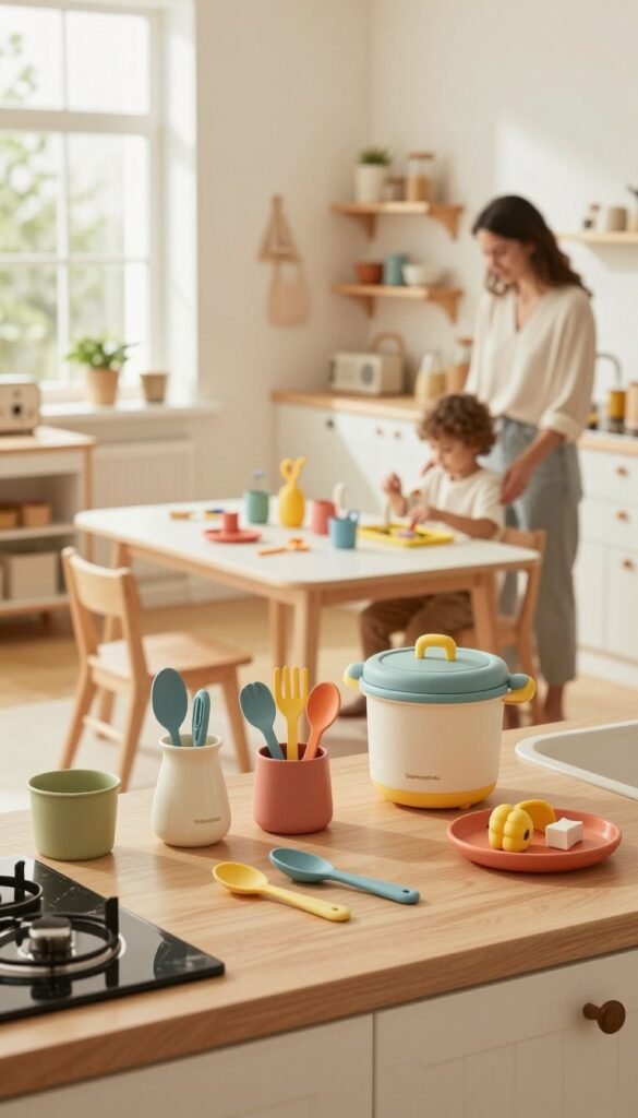 A cozy, child-friendly kitchen designed for safety, featuring warm colors and a Pinterest-inspired aesthetic. In the foreground, an organized kitchen counter with safe kitchen tools and products from the brand "Ordnungskiste," emphasizing usability for children. The middle scene shows a table with colorful, non-toxic children&rsquo;s utensils and storage solutions, while a child wearing modest casual clothing plays safely nearby under the watchful eye of a parent. In the background, soft natural light filters through a large window, illuminating a stylish, clutter-free environment with easy-to-reach shelves and childproof cabinets. The overall atmosphere is inviting, showcasing a harmonious blend of safety and functionality in a family kitchen.