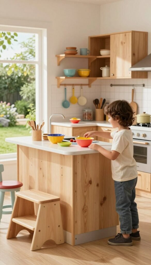 A cozy, child-friendly kitchen designed with ergonomics in mind, featuring a height-adjustable countertop where children can comfortably participate in cooking. In the foreground, a cheerful child wearing modest casual clothing is reaching for a colorful bowl on the counter, with a sturdy step stool nearby. In the middle ground, the kitchen showcases warm wooden cabinets, organized shelves labeled "Ordnungskiste," and vibrant kitchenware, all bathed in soft, natural light filtering through a large window. The background includes a view of a sunny garden, creating a bright and inviting atmosphere. The overall mood is playful yet safe, emphasizing accessibility and collaboration in the kitchen.