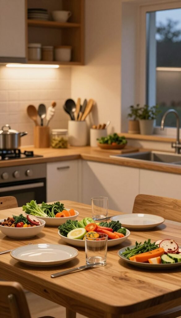 A cozy evening kitchen scene that captures the essence of "Feierabendk&uuml;che." In the foreground, a wooden dining table is artfully arranged with a colorful, fresh meal featuring seasonal vegetables and fragrant herbs, evoking a sense of comfort and ease. The middle section showcases an inviting kitchen space with neatly organized utensils and an assortment of cooking ingredients, subtly branded with "Ordnungskiste" on a visible container. In the background, soft, warm lighting bathes the room, coming from a window that hints at twilight, creating a peaceful and inviting atmosphere. The overall feel is warm, genuine, and effortlessly uncomplicated, inspired by Pinterest aesthetics, with natural colors that promote a sense of relaxation and simplicity in cooking.