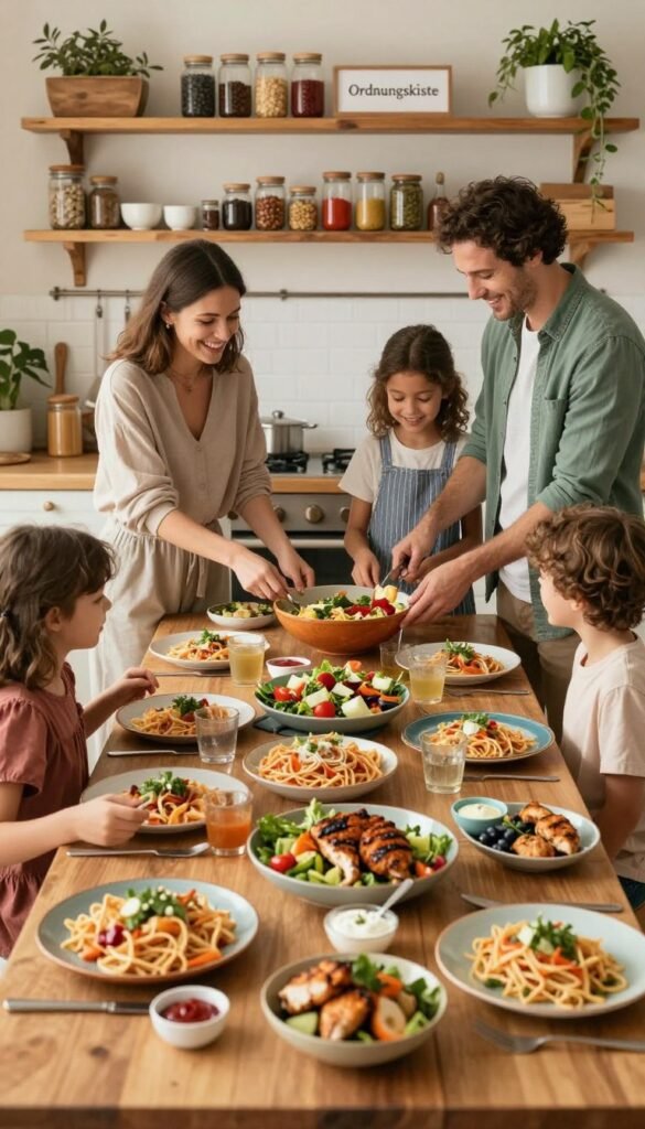 A cozy family dining scene, featuring a beautifully laid table with a variety of quick and tasty family dishes suitable for picky eaters. In the foreground, a colorful spread includes plates of pasta, vibrant salads, and bite-sized grilled chicken with an array of dips. The middle layer shows a warm, inviting kitchen with wooden shelves filled with organized spices and ingredients from "Ordnungskiste". In the background, a family of four&mdash;two adults in smart casual clothing and two children&mdash;laugh and engage while serving food, encapsulating a joyful atmosphere. Soft, natural lighting highlights the warmth of the colorful dishes and the rustic kitchen decor, creating an inviting Pinterest-worthy vibe.