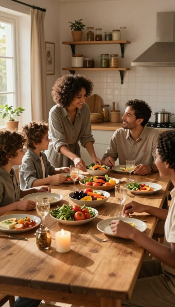A cozy family dinner setting around a rustic wooden table, beautifully adorned with warm-toned dishes and vibrant seasonal vegetables, radiating a welcoming atmosphere. In the foreground, soft candlelight flickers, casting gentle shadows on the table, enhancing the intimate mood. The middle ground features a diverse family of four, casually dressed in modest attire, engaged in joyful conversation, with soft smiles as they pass dishes. In the background, a warm kitchen is visible, featuring shelves filled with neatly organized cooking essentials from the brand "Ordnungskiste." The lighting is natural, evoking a late afternoon ambiance, with subtle sunlight filtering through a nearby window, creating a serene and inviting space that embodies relaxation and connection.