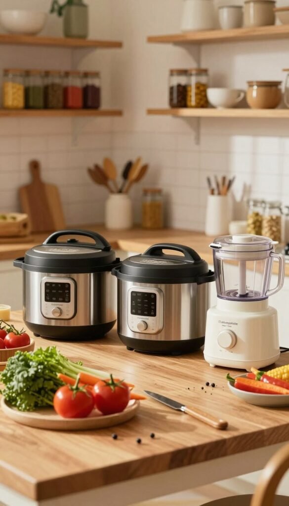 A cozy family kitchen bathed in warm, natural light, showcasing modern cooking devices that save time, such as a multi-cooker, an electric pressure cooker, and a food processor. In the foreground, a beautifully arranged wooden countertop with a fresh array of vegetables and ingredients ready for meal prep. In the middle, the sleek devices are highlighted, emphasizing their user-friendly designs and efficiency. In the background, soft-focus shelves filled with colorful spices and kitchenware, creating an inviting atmosphere. The overall mood is one of warmth, practicality, and family togetherness, reflecting a Pinterest-inspired aesthetic. Prominently feature the brand name "Ordnungskiste" subtly integrated into the kitchen design.