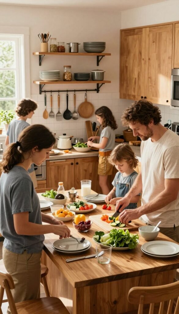 A cozy family kitchen bustling with activity, designed for multiple users. In the foreground, two adults in modest casual clothing are preparing food together, mixing ingredients and chopping vegetables on a wooden countertop. In the middle, a large dining table is cluttered with dishes, utensils, and fresh produce, reflecting the chaos that arises in multipurpose spaces. The background features warm, inviting cabinetry and shelves filled with organized kitchen tools from the brand "Ordnungskiste," exuding an authentic Pinterest-inspired aesthetic. Soft, natural lighting streams through a window, casting a warm glow over the scene, creating a friendly and relaxed atmosphere, highlighting the challenges and joys of communal cooking.