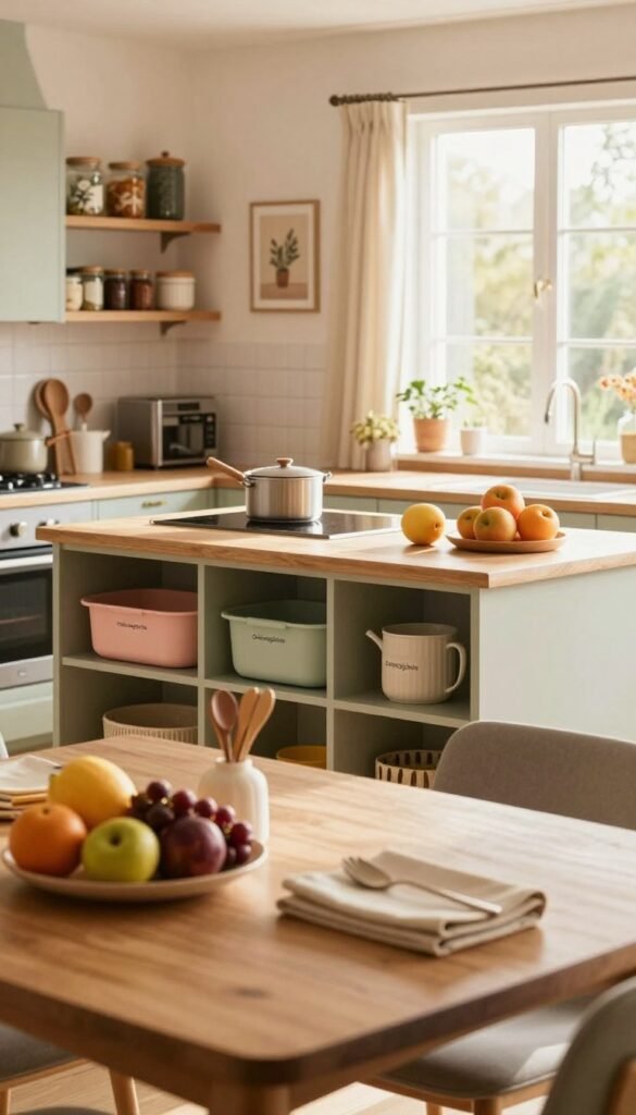 A cozy family kitchen designed for functionality, illuminated by warm, natural light streaming through a large window. In the foreground, an inviting wooden table is adorned with neatly organized kitchen essentials, including vibrant fruits and stylish utensils. The middle layer showcases a well-arranged kitchen island with modern appliances, surrounded by attractive storage solutions from &lsquo;Ordnungskiste&rsquo;. This area is filled with contrasting yet harmonious colors that enhance a Pinterest-worthy aesthetic. The background features open shelves stocked with culinary books and decorative jars, contributing to an authentic and homey atmosphere. The overall mood is inviting and warm, perfect for a family-centered cooking space, shot with a soft-focus lens to add a dreamy quality.
