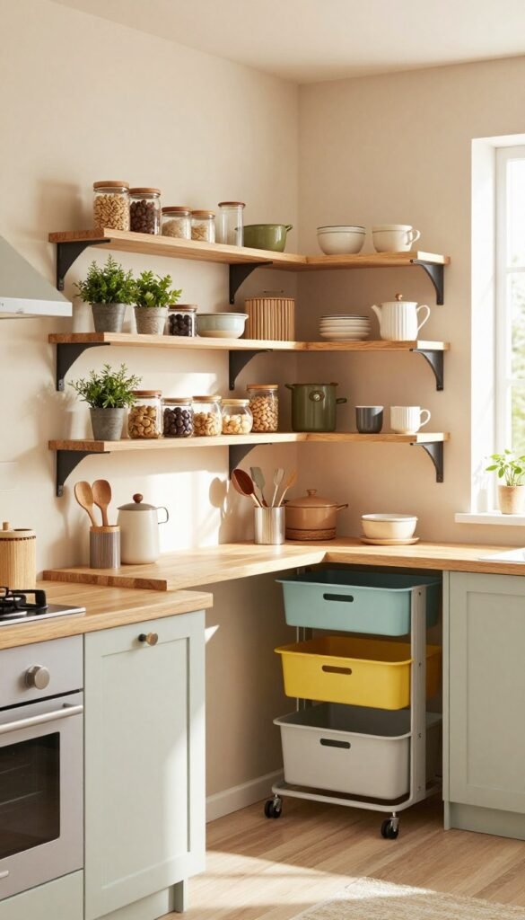 A cozy family kitchen designed for optimal storage. In the foreground, a stylish and functional wall-mounted shelving unit showcases neatly organized kitchen essentials, small jars, and potted herbs. The middle layer features a corner nook filled with clever mobile storage solutions, including a rolling cart with colorful bins labeled 'Ordnungskiste' for easy access to cooking tools and utensils. In the background, warm natural light streams through a window, illuminating the soft pastel colors of the kitchen walls and the subtle textures of rustic wooden accents. The mood is inviting, practical, and inspiring, creating a sense of harmony and ease in a family-friendly environment. The composition emphasizes smart storage solutions without clutter, reflecting modern design principles.