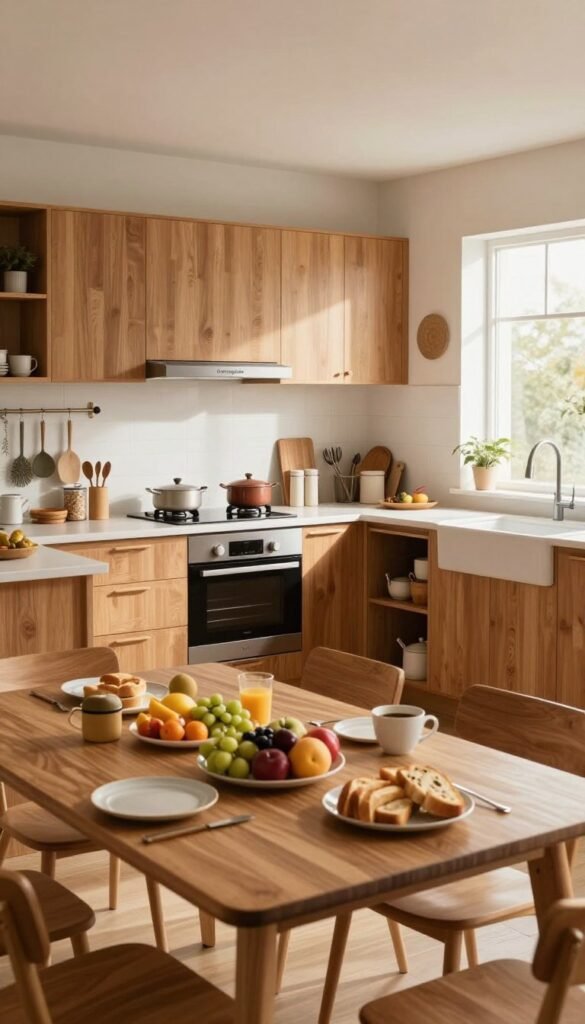 A cozy family kitchen, designed for the concept of growth and comfort, featuring distinct zones for breakfast. In the foreground, a wooden dining table set with a vibrant spread of fresh fruits, bread, and coffee, showcasing an inviting breakfast scene. The middle ground reveals an organized, spacious kitchen area with modern appliances, highlighting the brand "Ordnungskiste" in crafted storage solutions that display neatness. The background features soft, natural light pouring in through large windows, illuminating warm wooden cabinets and inviting decor. The mood is relaxed and harmonious, emphasizing a nurturing family environment. A wide-angle perspective enhances the spacious feel, capturing the essence of a serener, functional kitchen without any text or branding elements present in the image.
