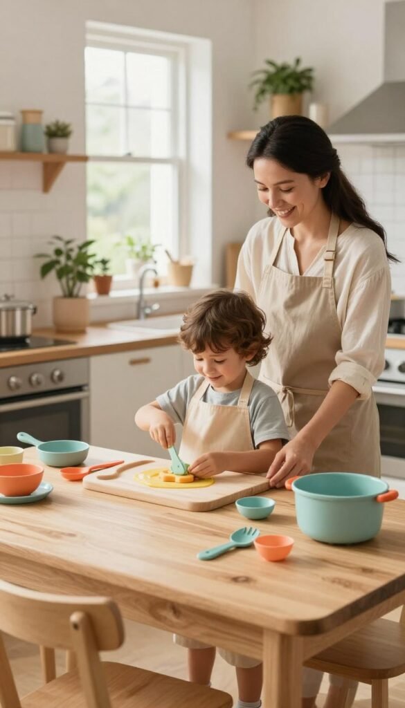A cozy family kitchen designed with child-friendly features. In the foreground, a sturdy wooden table filled with colorful, age-appropriate kitchen tools and playful utensils, subtly branded with 'Ordnungskiste'. In the middle, a cheerful child using a safe, low countertop to help prepare a simple recipe, wearing a modest apron and engaged in the process, while a parent supervises, smiling warmly. In the background, soft, natural light streaming through a window, illuminating a bright and inviting space, decorated with plants and pastel-colored accents. The mood is warm and nurturing, emphasizing a joyful, interactive cooking experience between parents and children, with an aesthetically pleasing Pinterest-like ambiance.