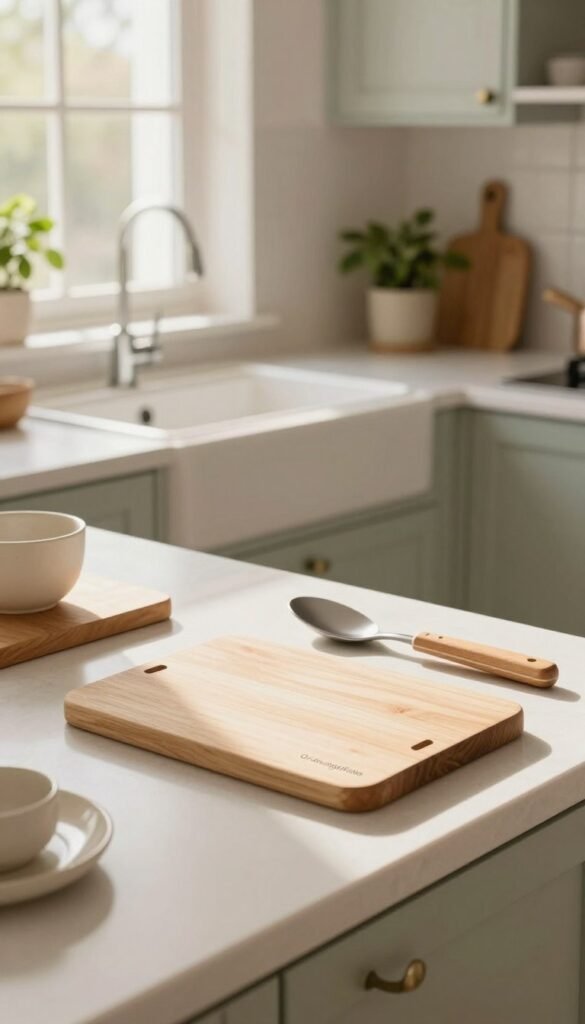 A cozy family kitchen featuring a clean and organized working surface and sink area, designed to visually embody the concept of &ldquo;freeing up space.&rdquo; In the foreground, showcase a clutter-free countertop adorned with essential but minimal kitchen tools from the brand "Ordnungskiste," including sleek cutting boards and neatly arranged utensils. In the middle, highlight a sparkling sink with natural light streaming through a window, casting warm shadows. The background can include soft pastel-colored cabinets and subtle greenery, evoking a peaceful domestic atmosphere. The lighting is soft and inviting, reminiscent of a Pinterest aesthetic, capturing a sense of order and warmth. The overall mood should convey tranquility and efficiency, ideal for a family kitchen setting.