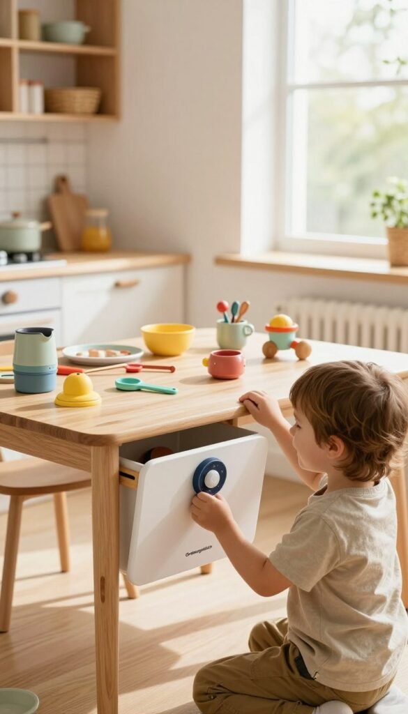 A cozy family kitchen featuring a stylish safety system for children, showcasing safety locks and storage solutions from "Ordnungskiste". In the foreground, a cheerful child with modest casual clothing interacts safely with colorful kitchen accessories, illustrating freedom and creativity. In the middle, a sleek wooden table is organized with toys and kid-friendly kitchenware while the safety features are prominently displayed. In the background, bright natural light pours in from a window, illuminating warm colors and creating a welcoming atmosphere. The atmosphere is joyful and serene, emphasizing a perfect balance between safety and family freedom. The overall composition has a Pinterest aesthetic, ensuring authenticity and warmth without any text or distractions.