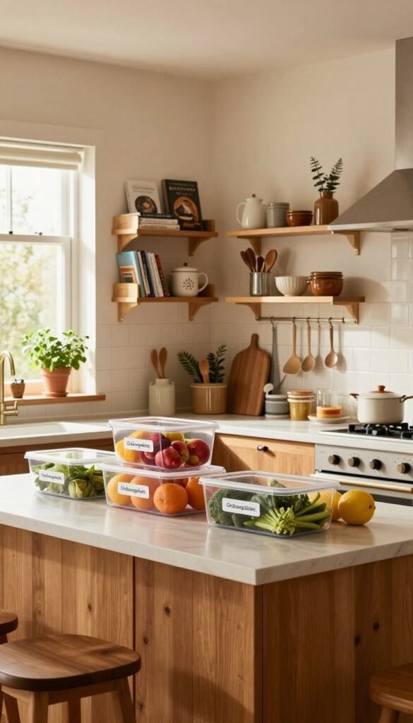 A cozy family kitchen featuring a well-organized space with various practical organizational products from the brand "Ordnungskiste." In the foreground, a spacious kitchen island is adorned with clear storage containers holding colorful fruits and vegetables, neatly labeled. The middle ground showcases stylish wall-mounted shelves filled with cookbooks, utensils, and decorative items, all perfectly arranged. The background displays a warm, inviting ambiance created by soft, natural lighting streaming through a window, highlighting the wooden cabinetry and tiled backsplash. Include a subtle touch of greenery with potted herbs on the windowsill. The atmosphere feels practical yet homely, evoking inspiration for a functional family kitchen. The overall color palette should feature warm tones, reflecting a Pinterest-worthy aesthetic, without any text or watermarks present.