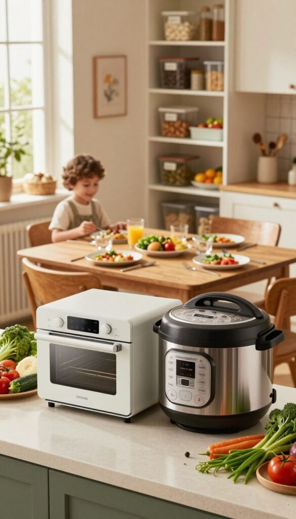 A cozy family kitchen featuring smart kitchen devices designed for easy meal preparation. In the foreground, a sleek smart oven and an elegant instant pot sit on a beautifully arranged countertop with fresh vegetables and herbs surrounding them. The middle consists of a dining table set for lunch, adorned with vibrant plates and utensils, inviting a warm, family-oriented atmosphere. The background shows a well-organized pantry with labeled containers, including the brand "Ordnungskiste," and a cozy window allowing soft, natural light to illuminate the scene. The colors are warm and inviting, creating a Pinterest-inspired look that evokes a sense of comfort and organization, perfect for effortless lunch and dinner planning.