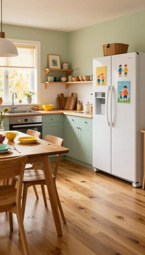 A cozy family kitchen filled with vibrant natural materials, designed for practicality and durability. In the foreground, a wooden dining table set with cheerful, child-friendly dishware. The middle features robust flooring made of polished oak, displaying stains resistant for easy cleaning. Colorful, textured walls in soft pastels create a warm atmosphere. Cheerful children's art adorns the fridge, reflecting family life. In the background, a sunny window streams in golden light, illuminating the space and enhancing its welcoming feel. The kitchen includes sleek appliances with the brand name "Ordnungskiste" subtly visible. The overall mood is inviting and functional, with a Pinterest-inspired aesthetic showcasing a family-friendly design that balances style and everyday usability.