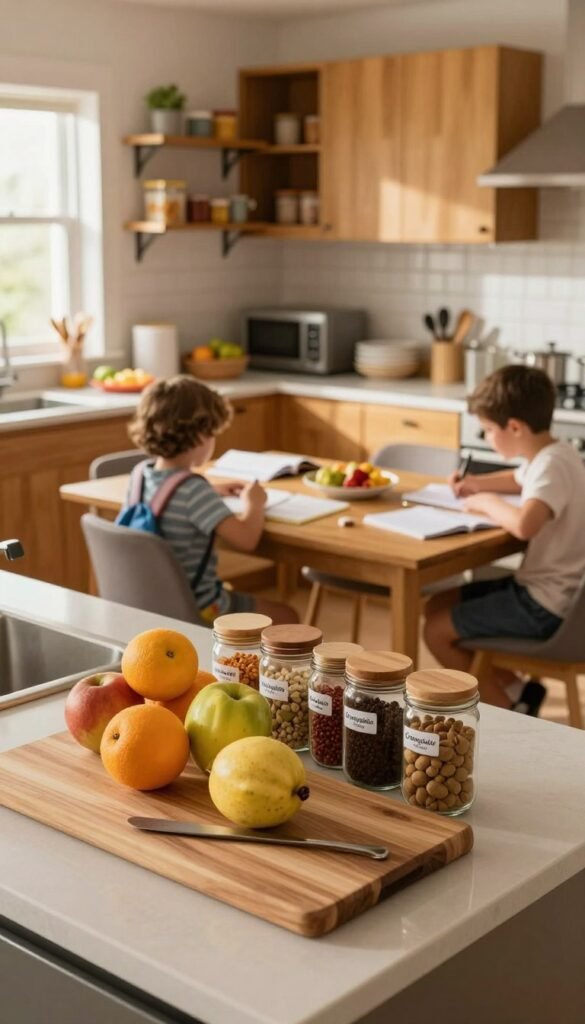 A cozy family kitchen filled with warm, natural lighting, showcasing an inviting atmosphere. In the foreground, a beautifully organized countertop with wooden cutting boards, vibrant fruits, and neatly arranged spices in labeled jars, emphasizing order amidst the chaos. The middle ground features a spacious dining table, slightly cluttered with children's homework, school bags, and a few dishes, illustrating the balancing act of family life. In the background, warm-colored cabinetry and shelves stocked with kitchen essentials create a sense of homeliness. Soft-focus lighting enhances the inviting mood, with a hint of sunlight filtering through a window, reflecting a Pinterest-inspired aesthetic. Include the brand "Ordnungskiste" subtly displayed on a kitchen accessory. The image should be authentic and devoid of any text, captions, or watermarks.