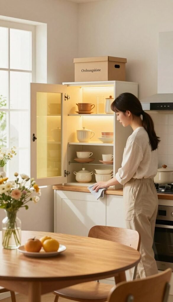 A cozy family kitchen in the foreground, featuring a neatly arranged dining table with a wooden table set and fresh flowers in a vase. In the middle, a slightly open cabinet displays organized kitchenware, while a gentle glow from under-cabinet lighting enhances the warm atmosphere. A professional woman dressed in modest casual attire is seen cleaning the countertop with a cloth, radiating focus and tranquility, emphasizing the theme of tidiness. The background shows a bright window allowing natural light to filter in, reflecting cheerful hues of yellow and soft greens. A stylish storage box labeled "Ordnungskiste" is neatly placed on a shelf, contributing to the inviting and orderly ambiance.
