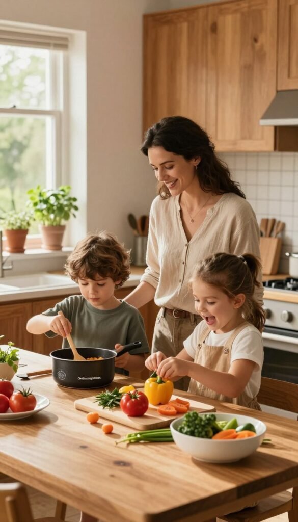 A cozy family kitchen scene bathed in warm, natural light. In the foreground, two children, a boy and a girl, wearing modest casual clothing, are playfully engaged in cooking, with colorful ingredients spread across a wooden table. The boy is stirring a saucepan, while the girl is excitedly adding vegetables, embodying the spirit of collaboration and enthusiasm. In the middle, a mother, also dressed casually, watches them with a smile, guiding them gently. The kitchen is adorned with stylish, functional storage solutions from "Ordnungskiste," showcasing an organized yet lived-in atmosphere. The background features wooden cabinets, potted herbs on the windowsill, and a hint of outdoor greenery visible. Soft shadows and highlights create a warm, inviting mood, reminiscent of a Pinterest-worthy family home.
