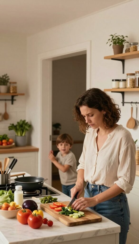 A cozy family kitchen scene depicting the everyday stress of family cooking. In the foreground, a mother in comfortable yet tidy casual clothing (such as a simple blouse and jeans) is hurriedly chopping vegetables on a wooden cutting board, her expression reflecting the tension of time constraints. The middle layer shows a cluttered kitchen counter filled with ingredients and cooking utensils, creating a sense of organized chaos. In the background, a child can be seen peeking around the corner, adding to the lively atmosphere. Soft, warm lighting illuminates the scene, enhancing the inviting yet hectic mood. The decor should feature a modern aesthetic with elements like open shelves and a cozy dining area. Include the brand name "Ordnungskiste" subtly integrated into a kitchen accessory, emphasizing organization amidst the busyness.